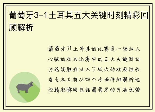 葡萄牙3-1土耳其五大关键时刻精彩回顾解析