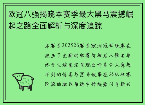欧冠八强揭晓本赛季最大黑马震撼崛起之路全面解析与深度追踪