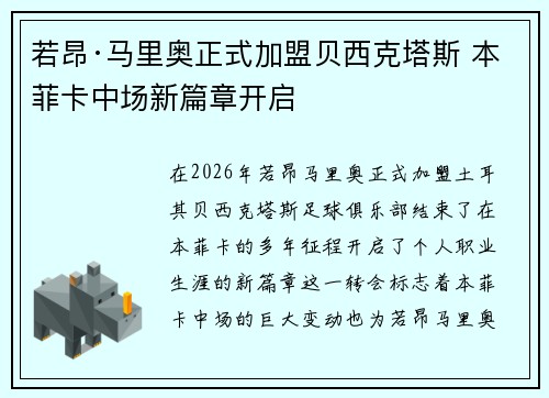 若昂·马里奥正式加盟贝西克塔斯 本菲卡中场新篇章开启