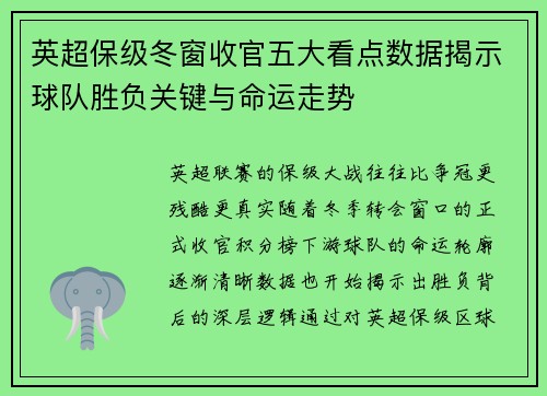 英超保级冬窗收官五大看点数据揭示球队胜负关键与命运走势 英超保级冬窗收官五大看点数据揭示球队胜负关键与命运走势
