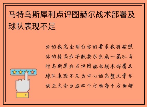 马特乌斯犀利点评图赫尔战术部署及球队表现不足